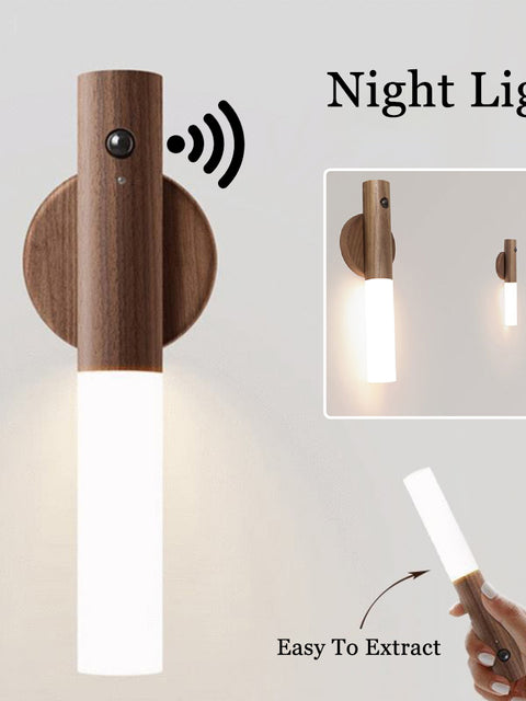 Auto LED USB Magnetic Wood Wireless Night Light Corridors Porch Lights PIR Motion Sensor Wall Light Cabinet Lamp